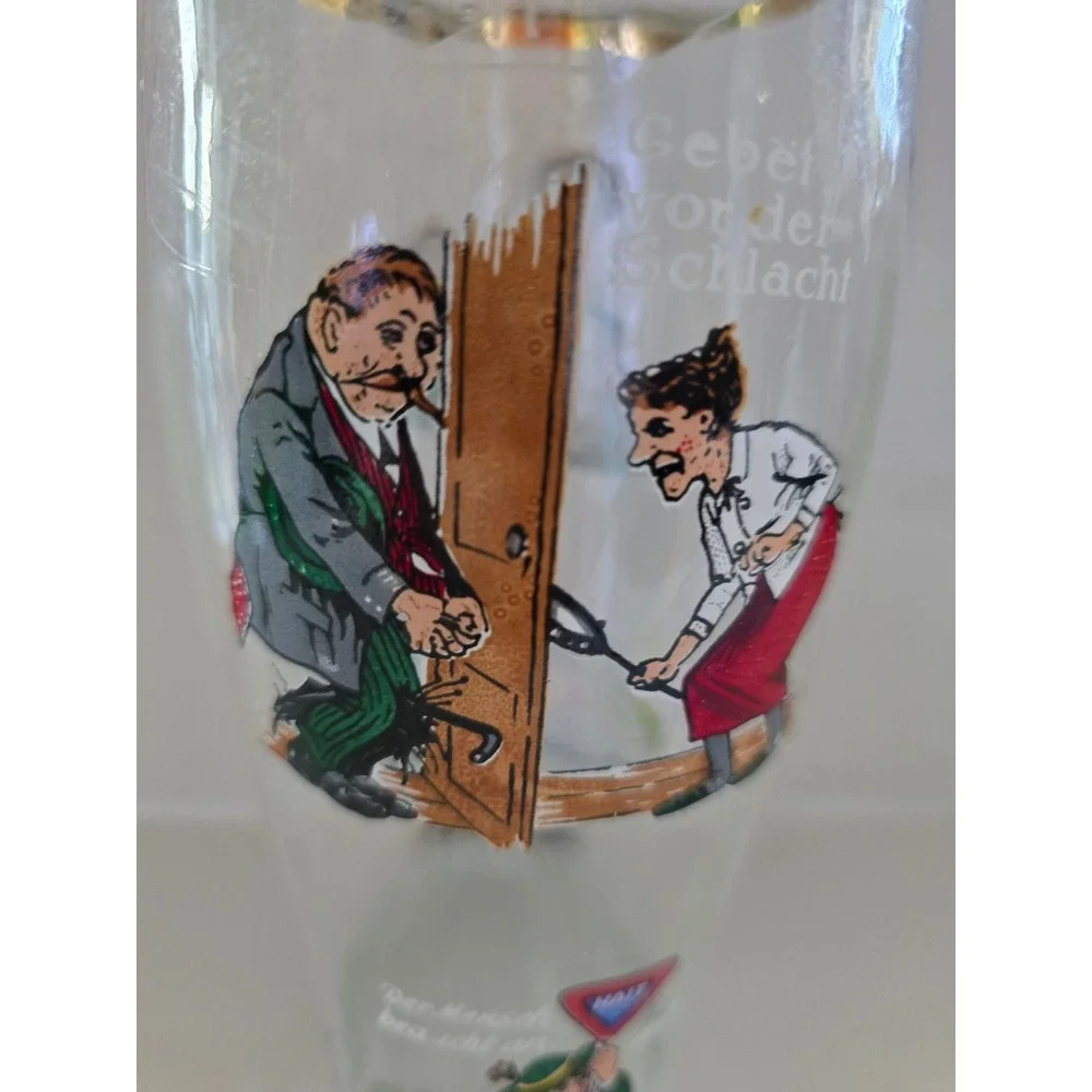 Vintage German Beer Boot Glass Gold Rim Humorous Bavarian‎ Illustrations 9 Inch
